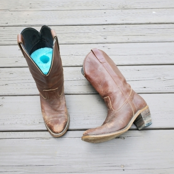 Vintage 70s Western Boho Brown Leather Distressed Grunge Cowboy Cowgirl Boots 7 - Picture 9 of 9
